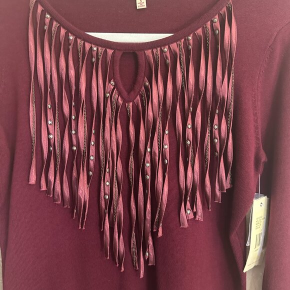 Reba‎ Holiday Gems Merlot Sweater Small Tassel Keyhole Front Studded NWT - Picture 3 of 9